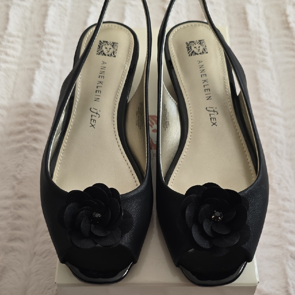 Anne Klein Black Floral Slingback Heels